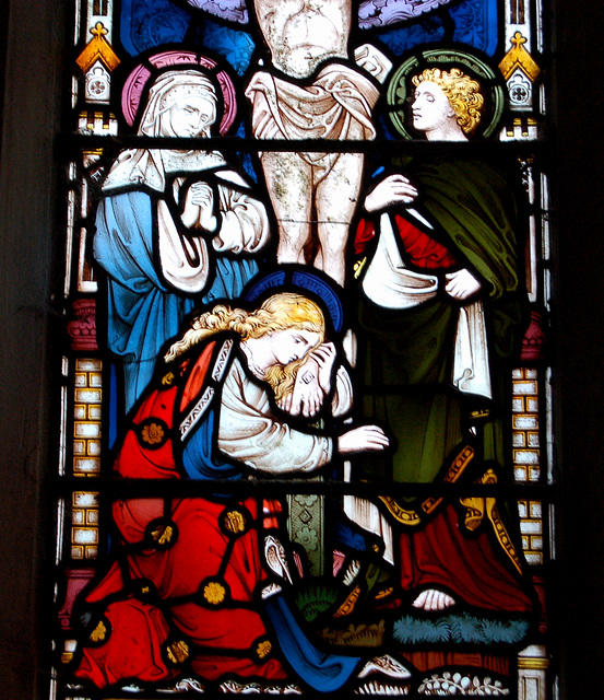 Detail of mid c19th stained glass, East Stoke Church, Nottinghamshire