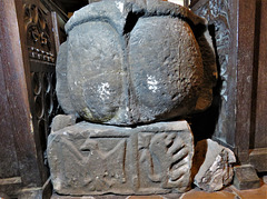 morley church, derbs ; quern and ?c16 carved stones