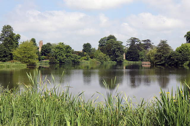 Sherborne folly and Old Castle reflected in the lake