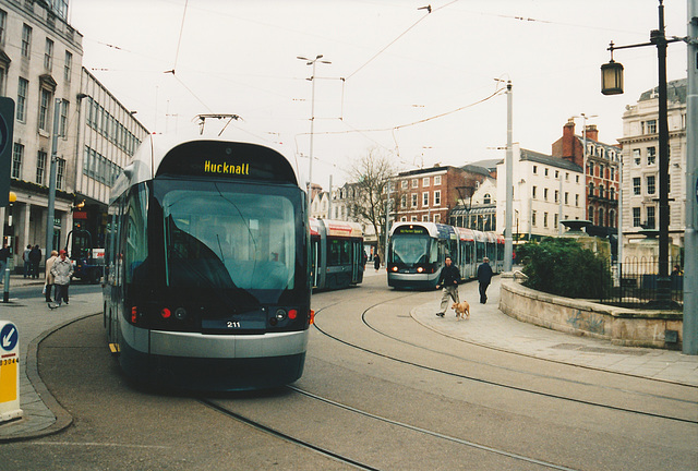 NET trams 211 and 210 in Nottingham - 8 Mar 2004