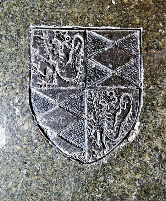 morley church, derbs; brass on c15 tomb of thomas stathum +1470; heraldry