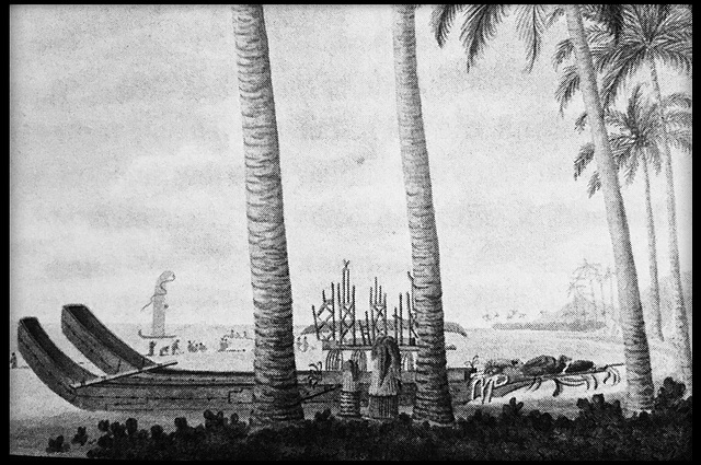 A Tahitian double canoe, drawn by George Tobin in 1792