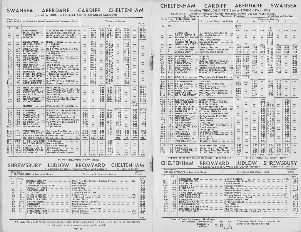Associated Motorways Summer 1954 timetable for the Swansea to Cheltenham service (including a direct Swansea-London faster service)