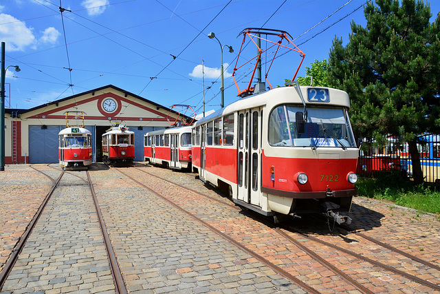 Prague 2019 – Public Transport Museum – Trams waiting for their duties