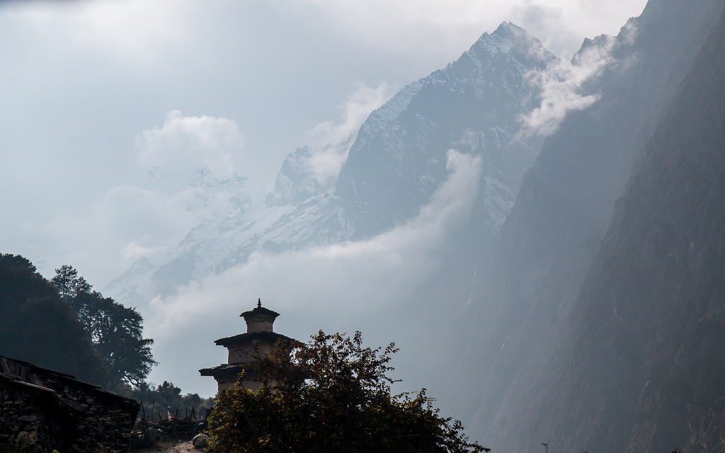 Chorten With Misty Mountains