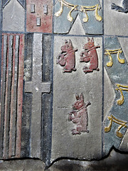 morley church, derbs ; c16 tomb of katherine sacheverell babington +1543, attrib to richard parker ; heraldry with hares playing bagpipes
