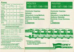 Grey Green Coaches timetable for London commuter services from S Suffolk and N Essex dated 19 Mar 1990 - Side 1