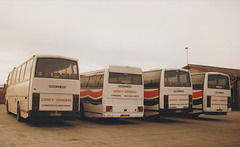 Grey Green vehicles parked near Cambridge Coach Services yard in Waterbeach – 6 Jan 1991 (135-22)