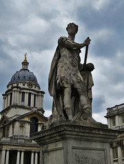 royal hospital, greenwich, london, statue of george III by rysbrack, 1735, in front of cupola over wren's hall built 1698-1705