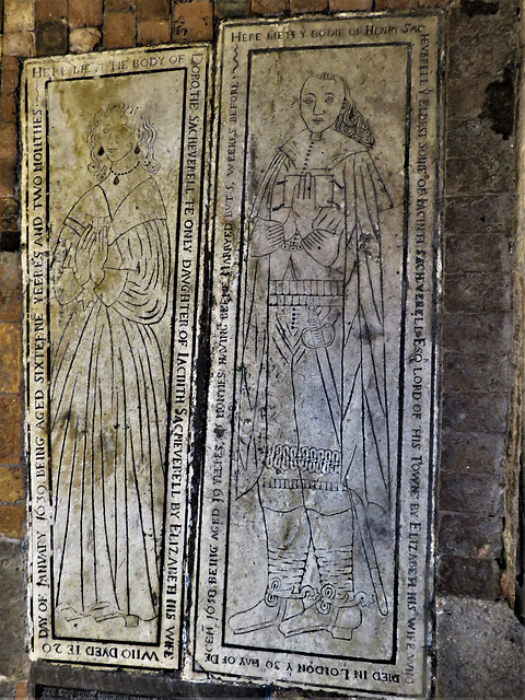 morley church, derbs ; c17 incised tomb slabs of henry +1638 and dorothie sacheverell +1639