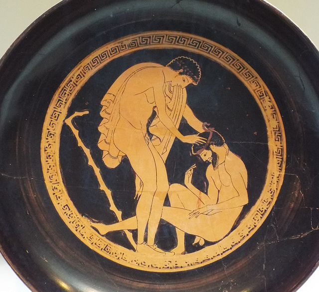 Detail of a Red-Figure Kylix Attributed to Onesimos as Painter with a Drunk Man Vomiting in the Getty Villa, June 2016