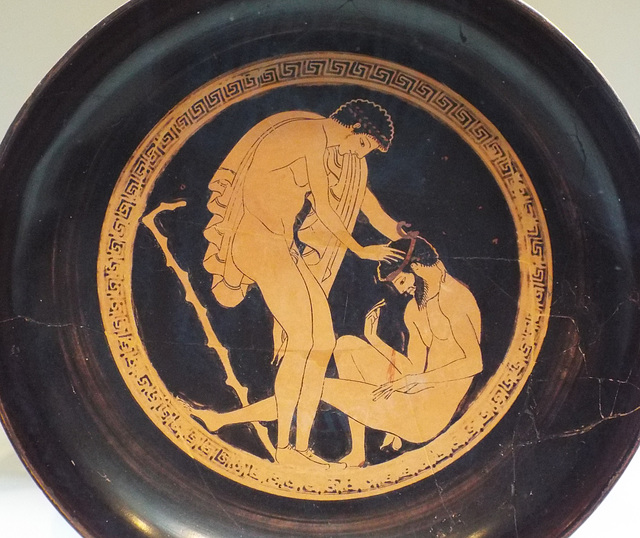 Detail of a Red-Figure Kylix Attributed to Onesimos as Painter with a Drunk Man Vomiting in the Getty Villa, June 2016