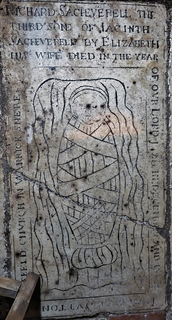 morley church, derbs ; c17 incised tomb slab of richard sacheverell +1628; swaddled baby