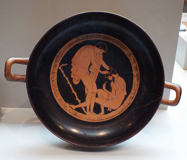 Red-Figure Kylix Attributed to Onesimos as Painter with a Drunk Man Vomiting in the Getty Villa, June 2016