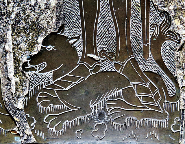 morley church, derbs ; beast under feet of henry stathum +1480, brass on tomb