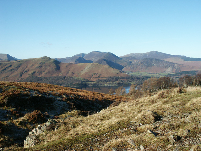 Looking westward over Derwent Water to Catbells (451m) from the path to Bleaberry Fell (590m) and near Falcon Crag