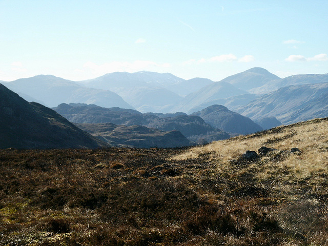 Looking South from Bleaberry Fell, with Great Crag in the foreground and on to Great Gable and Scafell Pike