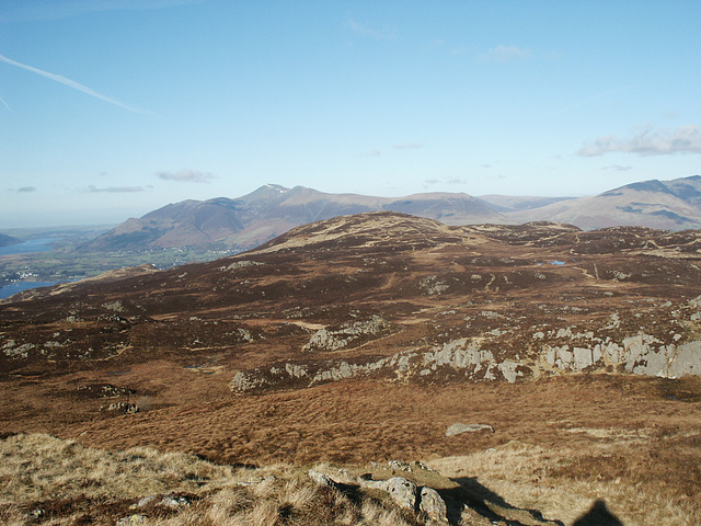 Looking back from High Seat towards Bleaberry Fell with Skidaw (931m) in the distance