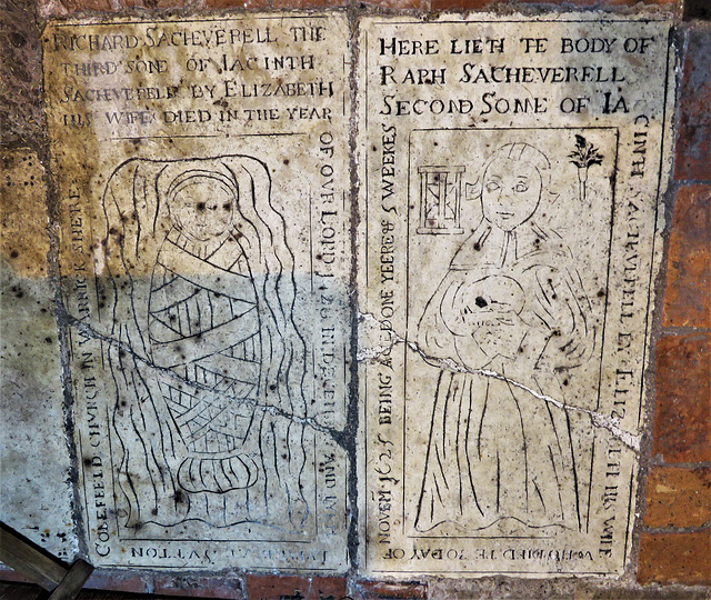 morley church, derbs ; c17 incised tomb slab of raph sacheverell +1625; child with skull and richard +1628; swaddled baby