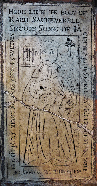 morley church, derbs ; c17 incised tomb slab of raph sacheverell +1625; child with skull