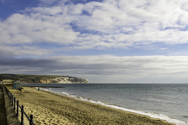 View along Sandown beach toward Culver Down and cliff