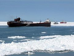 Ice breakers and tug moving a freighter