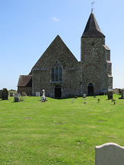 old romney church, kent (1)c12 nave, c13 tower, c14 buttresses, doors and window