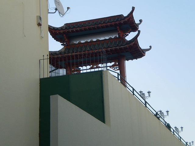 On terrace of Chinese restaurant.