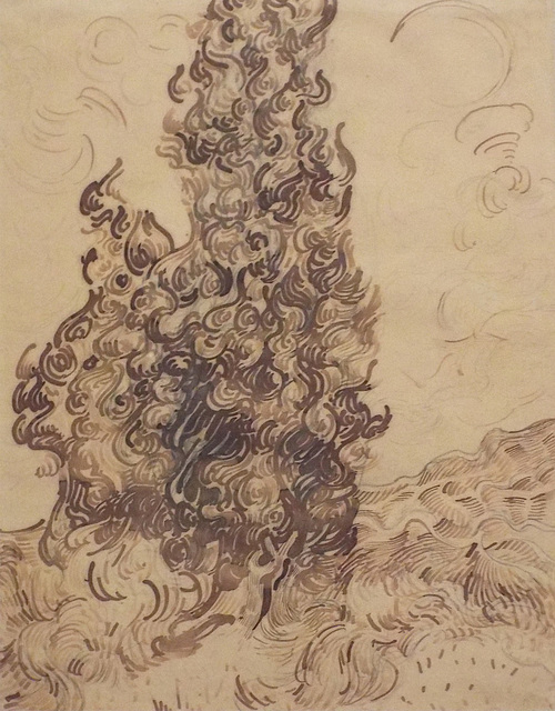 Detail of Cypresses Drawing by Van Gogh in the Metropolitan Museum of Art, July 2023