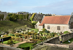 Chapel of St Nicholas and Princess Beatrice's garden, view from Carisbrook Castle rampart walk