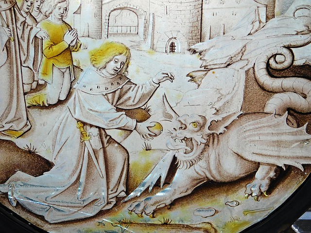 Detail of the Daniel Slaying the Dragon Stained Glass Roundel in the Cloisters, October 2017