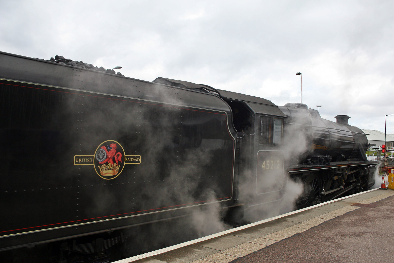 LMS class 5MT 45212 stands at Mallaig after arriving with The Jacobite 21st April 2017