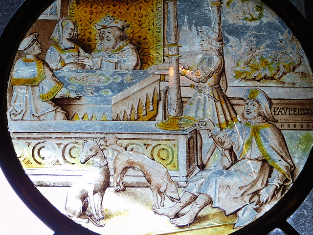 Detail of the Lazarus at the House of Dives Stained Glass Roundel in the Cloisters, October 2017