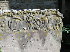 wateringbury church, kent (18) c18 gravestone of william watson +1770 with ouroboros, book and cherub