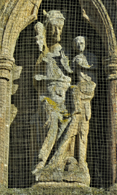 newstead abbey, notts; virgin and child high on late c13 west front of priory church