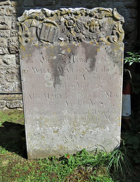 wateringbury church, kent (17) c18 gravestone of william watson +1770 with ouroboros, book and cherub