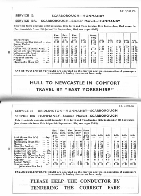 EYMS service 10 10A timetable early and late Summer 1964