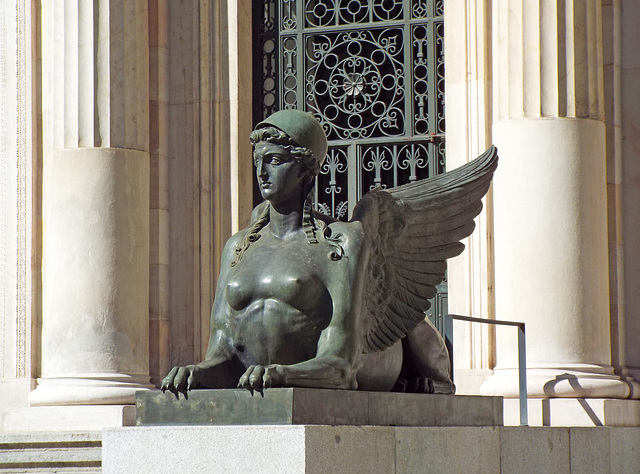 Bronze Sphinx outside the National Archaeological Museum in Madrid, October 2022