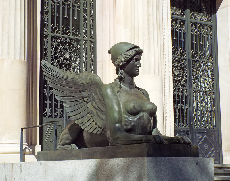 Bronze Sphinx outside the National Archaeological Museum in Madrid, October 2022