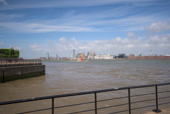 Wide angle view of Liverpool and the Mersey ferry.