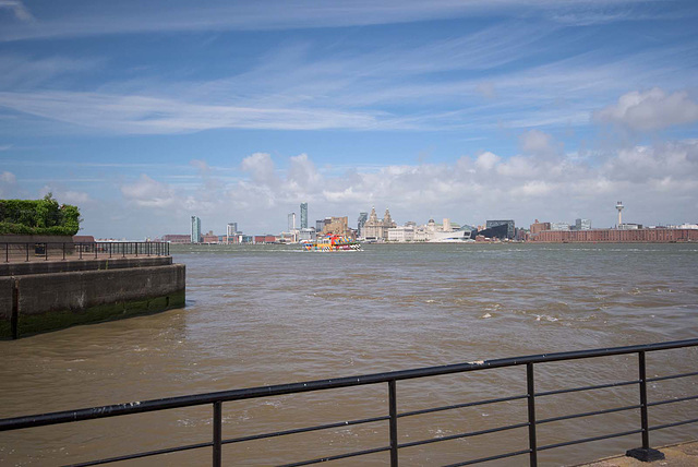 Wide angle view of Liverpool and the Mersey ferry.