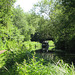 Longboat passing under the old disused iron railway bridge on the Staffs and Worcs Canal