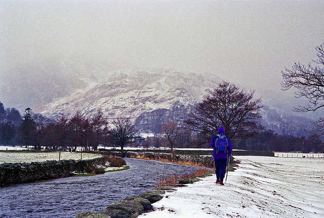 Looking along Goldrill Beck towards Ullswater (Feb 1996)