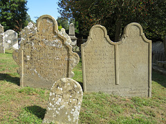 wateringbury church, kent (5) skull and bones on early c18 gravestones of henry sandell +1711 and family