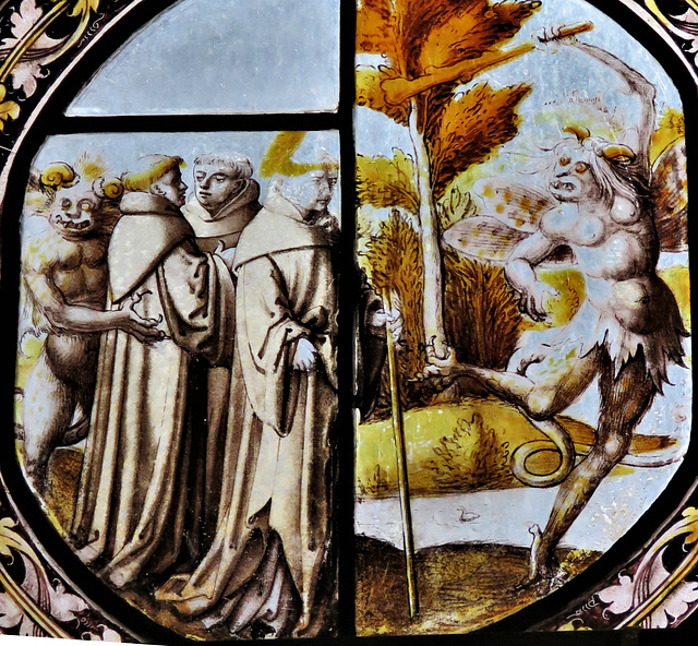 canterbury museum glass   (1) devils with monks, c16 flemish glass