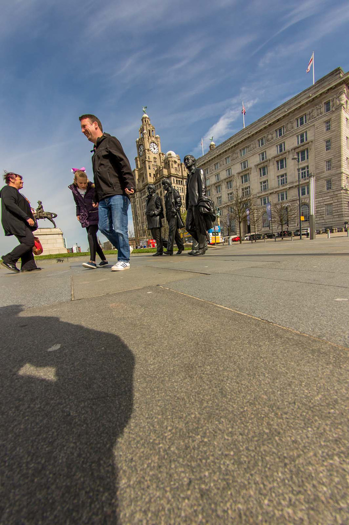 Beatles statues and the Royal Liver Building, Liverpool