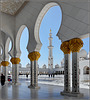 AbuDhabi : minareto, cupole, colonne, piazzale in mosaico fiorato