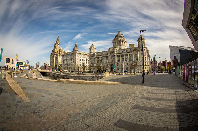 Fisheye view of the three graces, Liverpool