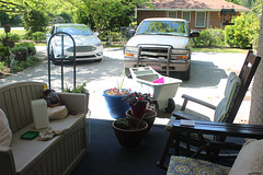 Nice sunny day,  time for working with my pot plants.  (the yard cart with fresh new soil)