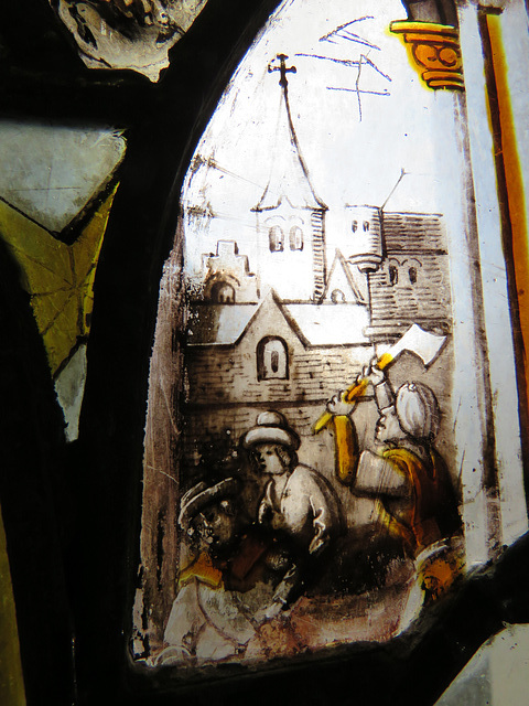 canterbury museum glass   (13)scene of killing with an axe in a christian town, c17 flemish glass